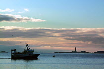 Fishing vessel on approach to Peterhead harbour with Buchanness lighthouse in the background, December 2009.