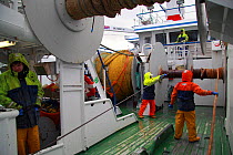 Fishermen guiding wires onto the netdrum while hauling the gear onboard a trawler, North Sea, January 2010.