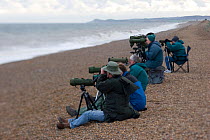 Birdwatchers watching the sea on beach, Cley, Norfolk, England, October 2006