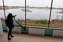 Viewing window at the Wildfowl and Wetland Trust's (WWT) London Wetland Centre with young woman birdwatching, London, UK, 2009