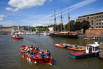 Ferries and tall ship schooner "Kathleen and May" on the floating harbour, Bristol Harbour Fesitval, UK, August 2009.