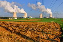 Cooling towers of Nuclear power station with farmland in the foreground, Cattenom, France