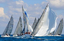Melges 32 fleet at the top mark, with "Atlantica" leading. Miami Grand Prix, Florida, USA. March 2010.