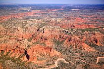 Aerial view of red shales, sandstones, siltstones and mudstones landscape, Caprock Canyons State Park, Briscoe County, Texas, USA