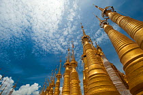 Buddhist temple spires, Nyaung Ohak stupas, Indein, in Inle Lake. Shan State, Myanmar, Burma. August 2009
