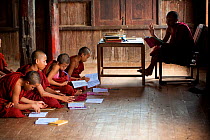 Young Buddhist monks during a lesson, in a buddhist monastery, Inle Lake, Shan State, Myanmar, Burma. August 2009