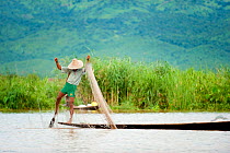 Traditional fishermen with nets. These fishermen use their feet to row. Inle Lake, Shan State, Myanmar, Burma. August 2009