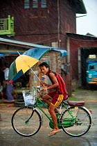 Cyclist in heavy rain, Nyaungshwe, Shan State, Myanmar, Burma August 2009