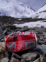 Abandonned drink can litter on the approach to Mount Everest Advanced Base camp (6,000m) Tibetan side of the mountain, April 2006