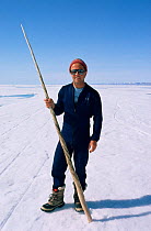 Cameraman, Doug Allan, with Narwhal tusk, location in Canadian Arctic, June 1995