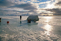 Camping on location on sea ice during filming for BBC series The Blue Planet, Lancaster Sound, Canadian high Arctic, early July 2004