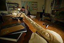 Narwhal tusk being carved by Inuit artist, Looty Pijamini, depicting wildlife and traditional scenes, March 2004