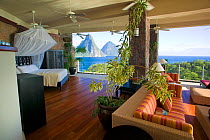 Luxury hotel room looking over the Pitons, Jade Mountain hotel, St Lucia, May 2007
