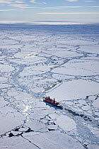 Aerial view of the world's largest nuclear icebreaker, "NS 50 Lyet Pobyedi" (50 years of Victory) en route to the North Pole, Russian Arctic, July 2008