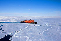 Aerial view of the worlds largest nuclear icebreaker, "NS 50 Lyet Pobyedi" (50 years of Victory) on the way to the North Pole, Russian Arctic, July 2008
