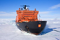 Aerial view of the worlds largest nuclear icebreaker, "NS 50 Lyet Pobyedi" (50 years of Victory) on the way to the North Pole, Russian Arctic, July 2008