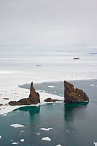 Aerial view of Cape Tegethoff, Franz Josef Land, Russian Arctic, July 2008