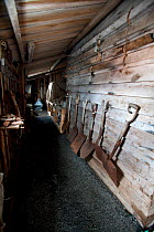 Shovels hung up against wall in Captain Scott's hut, Cape Evans, Ross Island, Ross Sea, Antarctica, December 2008