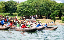 Log boat regatta on Lake Niassa (Lake Malawi) featuring the woman's race, Cebuè, Niassa Province, Mozambique. March 2009