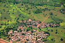 Aerial view of Malawian village during the rainy season, showing healthy maize and cassava crops, Malawi. March 2009