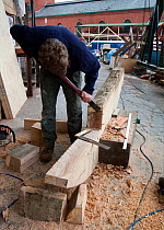 Boat-builder using chisel to shape part of wooden stem that will form the upright at the bow of a new wooden pilot cutter sailing boat being constructed at Bristol's Underfall Yard. England, UK, Oct 2...