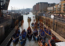 Cornish pilot gigs moving into the lock at Portishead Marina before the start of the 2009 "Bristol River Challenge" race, during which crews row from Portishead to Bristol, ^^^travelling up the Avon G...