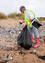 Volunteer litter picker taking part in an organised Beach Clean Up on Newton Beach, South Wales, UK, Tidy Wales Week, Sept, 2009.