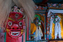 Traditional masks (worm by Buddhists during Lama dances), Melamchigaon, Helambu region, Nepal, November 2009