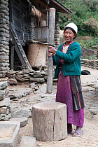 Woman preparing grains with traditional tools. Tamang ethnic group, Tamang heritage trail, Thuman, Langtang region, Nepal., November 2009