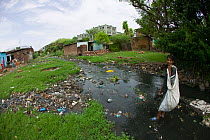 Teenager looking for recyclable items in polluted stream in slum, Bhopal, Madhya Pradesh, India, November 2008