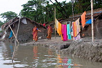 Family with their home threatened by rising sea levels, climate change, Ganges delta, Bangladesh, July 2008