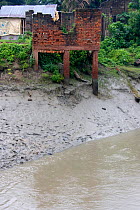 Flood damage causing collapse of stilt building, Ganges delta, Bangladesh, November 2008