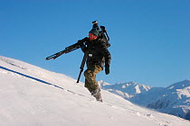 Camerman, Mark Smith, carrying camera on tripod through snow, in search of the elusive snow leopard, for the Mountains Episode of the BBC tv series Planet Earth, Himalayas, northern Pakistan (on the b...