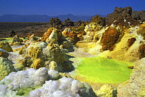 Aerial view of Dallol Hot springs, Danakil Desert, Ethiopia, November 2003,  Filming for the Mountains episode of BBC NHU tv series, Planet Earth. Filming the origin of the volcanic forces that creat...