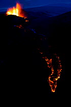 Volcanic eruption near Eyjafjallajoekull glacier, hot lava flowing down into the Thorsmork valley, Iceland, 24/03/2010. Volcano dormant since 1821.