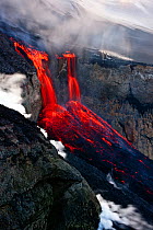 Volcanic eruption near Eyjafjallajoekull glacier, hot lava flowing down into the Thorsmork valley, Iceland, 24/03/2010. Volcano dormant since 1821.