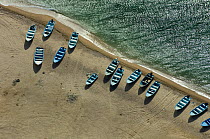 Aerial view of boats hauled up on beach, Rosarito, Baja California, Mexico, April 2008