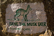 Save the Musk deer and Snow leopard sign painted  on rock, Sagarmatha National Park, Khumbu, Himalayas, Nepal, December 2007