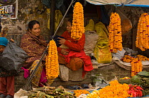 Womenselling garlands of orange flowers in a market, Kathmandu, Nepal, December 2007