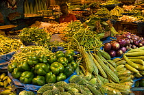 Vegetables including green peppers okra and aubergine for sale at local market, Calcutta, India, November 2007