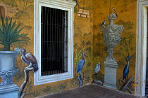 Painting of local birds on walls of Tekit Hacienda, Yucatan, Mexico - Hawk eagle, Reddish egret, Snowy egret, Little blue egret, Kingfisher, Kiskadee