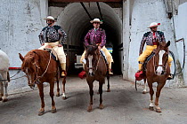 Three Picadors on horseback at entrance to bullring, Plaza de Toros, Mexico City, Mexico