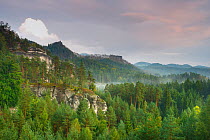 View from Rudolfuv Kamen hillside towards Mariina Skala with light mist, Jetrichovice, Ceske Svycarsko / Bohemian Switzerland National Park, Czech Republic, September 2008
