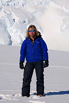 Mountain guide demonstrates clothing layers (outer mid layer) at Mount Vinson Base Camp. Vinson Massif, Antarctica, January 2006.