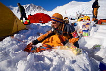 Norwegian mountaineers preparing for their climb at Mount Vinson Base Camp. Vinson Massif, Antarctica, January 2006.