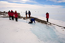 Visitors to the Patriot Hills Moraines study the formations in the icy pools. Antarctica, January 2006.