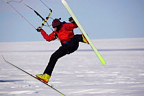 Man kite skiing in good wind at Patriot Hills. Antarctica, January 2006.
