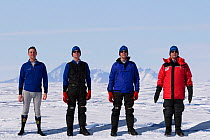 Man demonstrating the layers he wears to keep warm (underwear, mid layers, outer layer, jacket & mittens) Antarctica, January 2006. Digital composite.