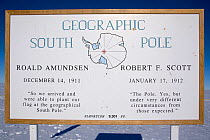 Sign at the Geographical South Pole. Antarctica, January 2006.