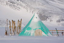Pyramid tent and equipment of the Numis Polar Challenge team who retraced Scott's route using similar equipment. Patriot Hills. Antarctica, January 2006.